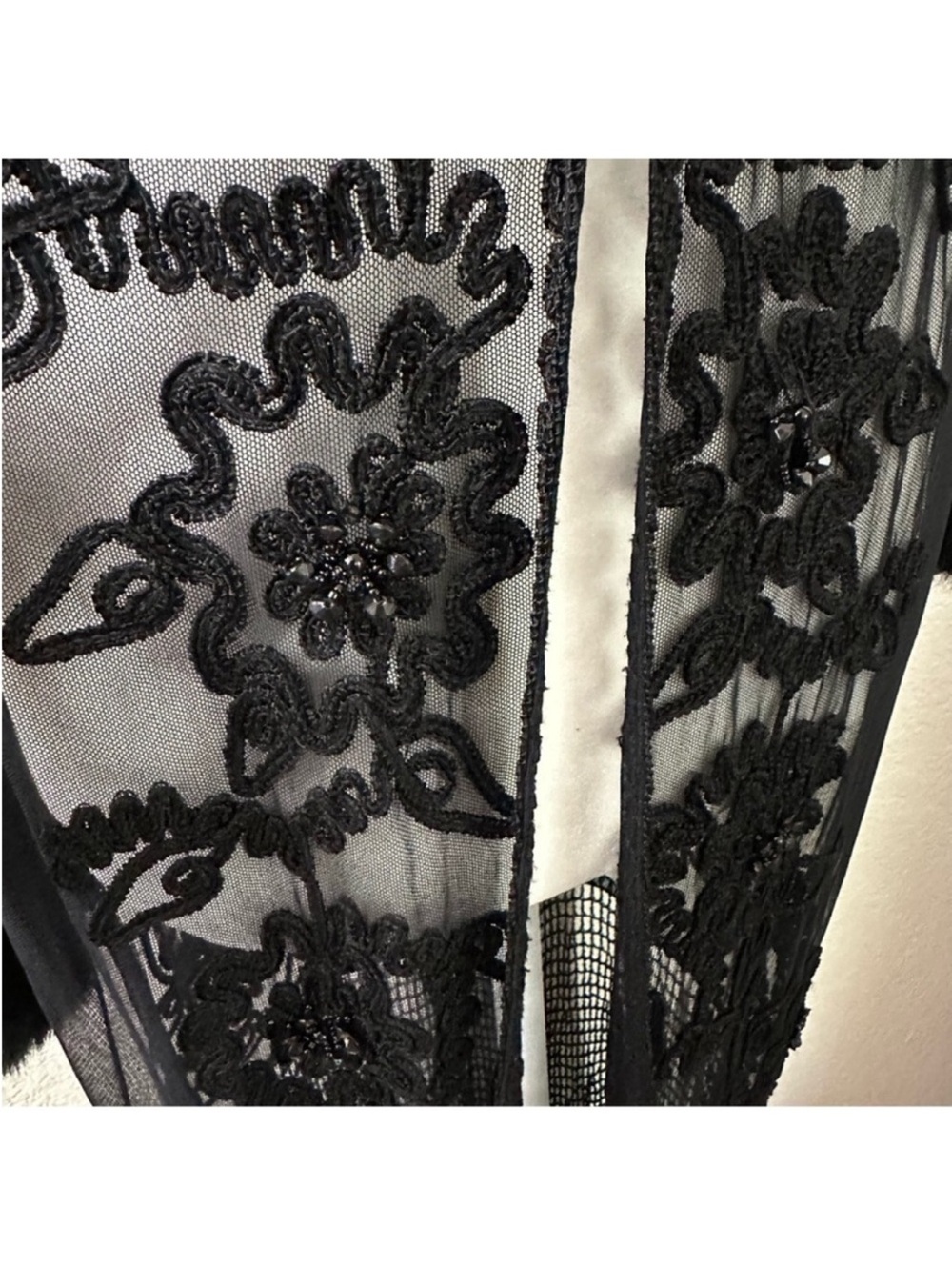 Sue Wong Vintage Crochet Beaded Embroidered Floral Mesh Faux Fur Black Duster - Picture 5 of 10
